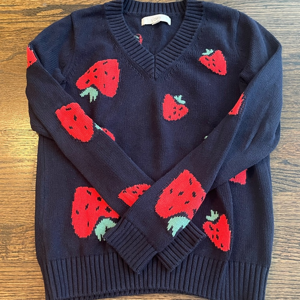 LOFT Navy V-Neck Sweater with Strawberry Motif